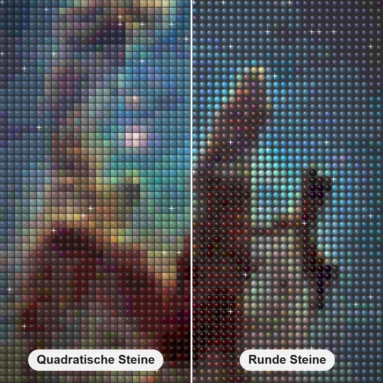 Säulen der Schöpfung Diamond Painting Nahaufnahme mit quadratischen und runden Steinen