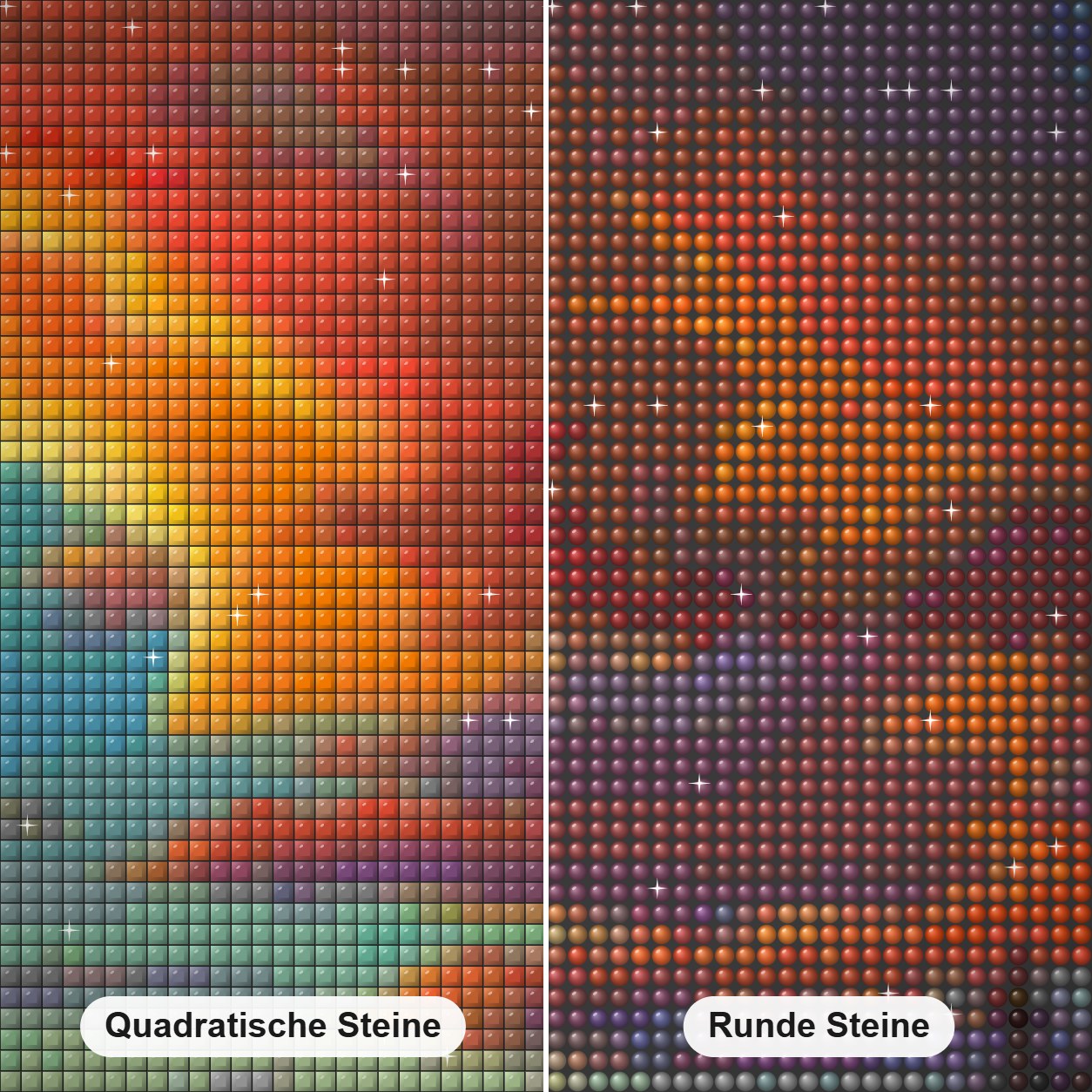 scharlachroter Abend - Kunst des Jonn Einerssen Diamond Painting Nahaufnahme mit quadratischen und runden Steinen