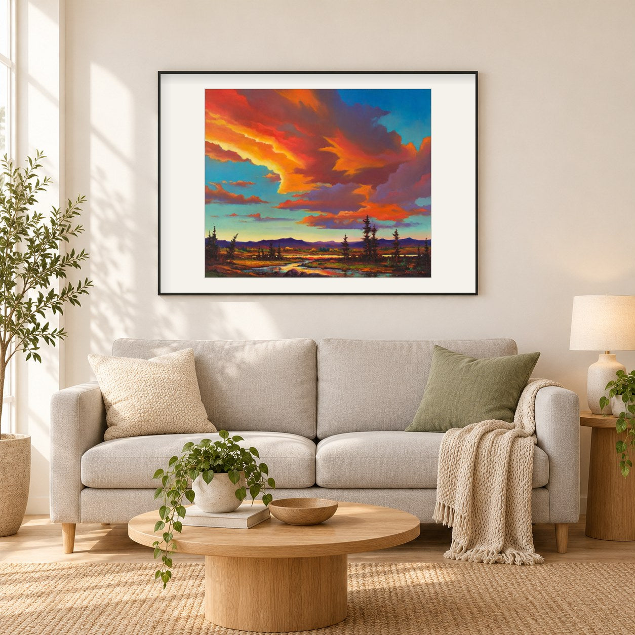 scharlachroter Abend - Kunst des Jonn Einerssen als gerahmtes Diamond Painting im Wohnzimmer