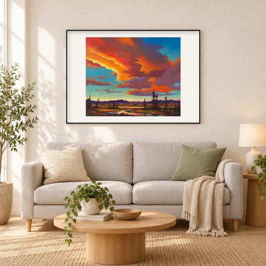 scharlachroter Abend - Kunst des Jonn Einerssen als gerahmtes Diamond Painting im Wohnzimmer