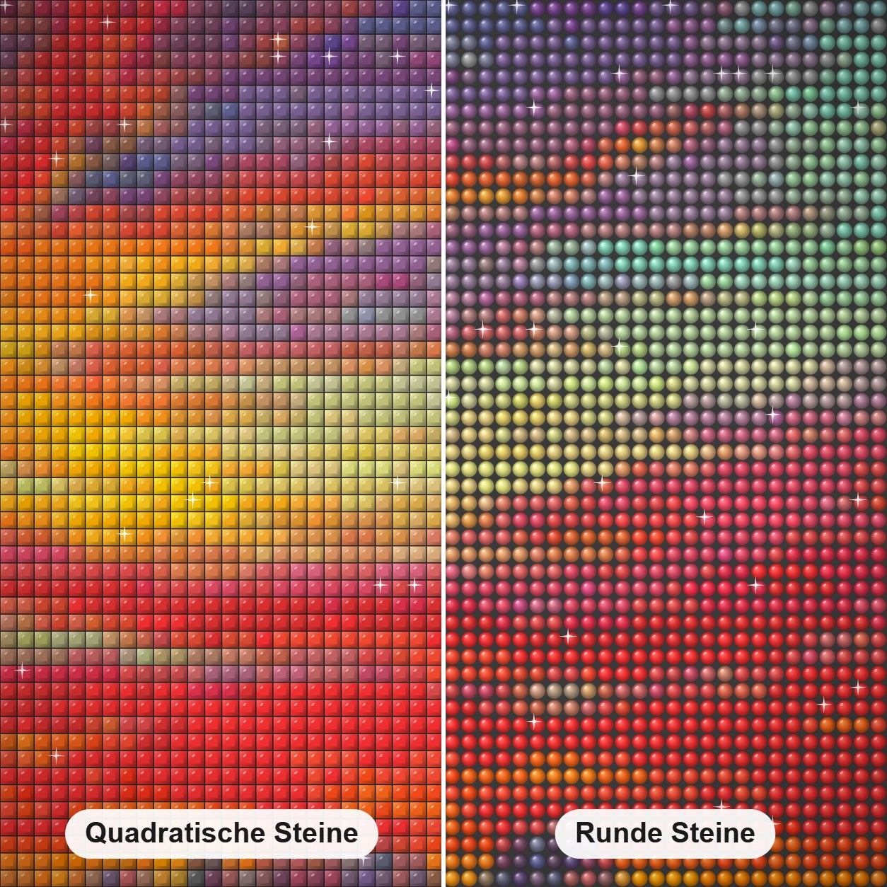 scharlachroter Eindruck - Kunst des Jonn Einerssen Diamond Painting Nahaufnahme mit quadratischen und runden Steinen