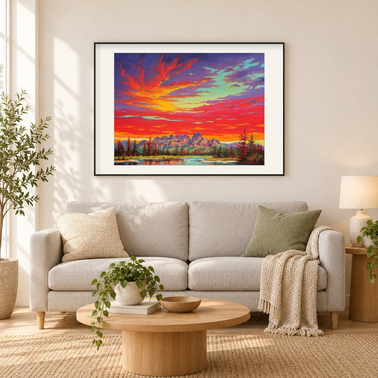 scharlachroter Eindruck - Kunst des Jonn Einerssen als gerahmtes Diamond Painting im Wohnzimmer