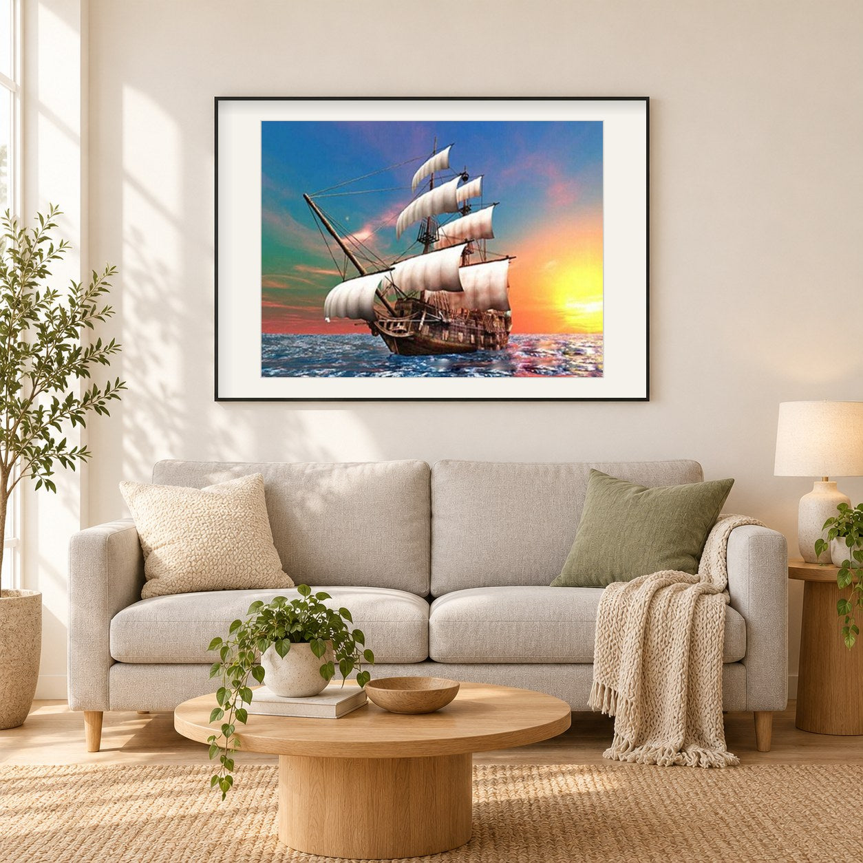 Schiff im Ozean Full Drill Painting als gerahmtes Diamond Painting im Wohnzimmer
