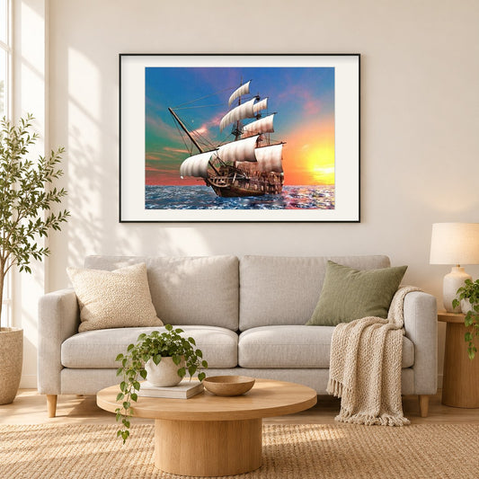 Schiff im Ozean Full Drill Painting als gerahmtes Diamond Painting im Wohnzimmer