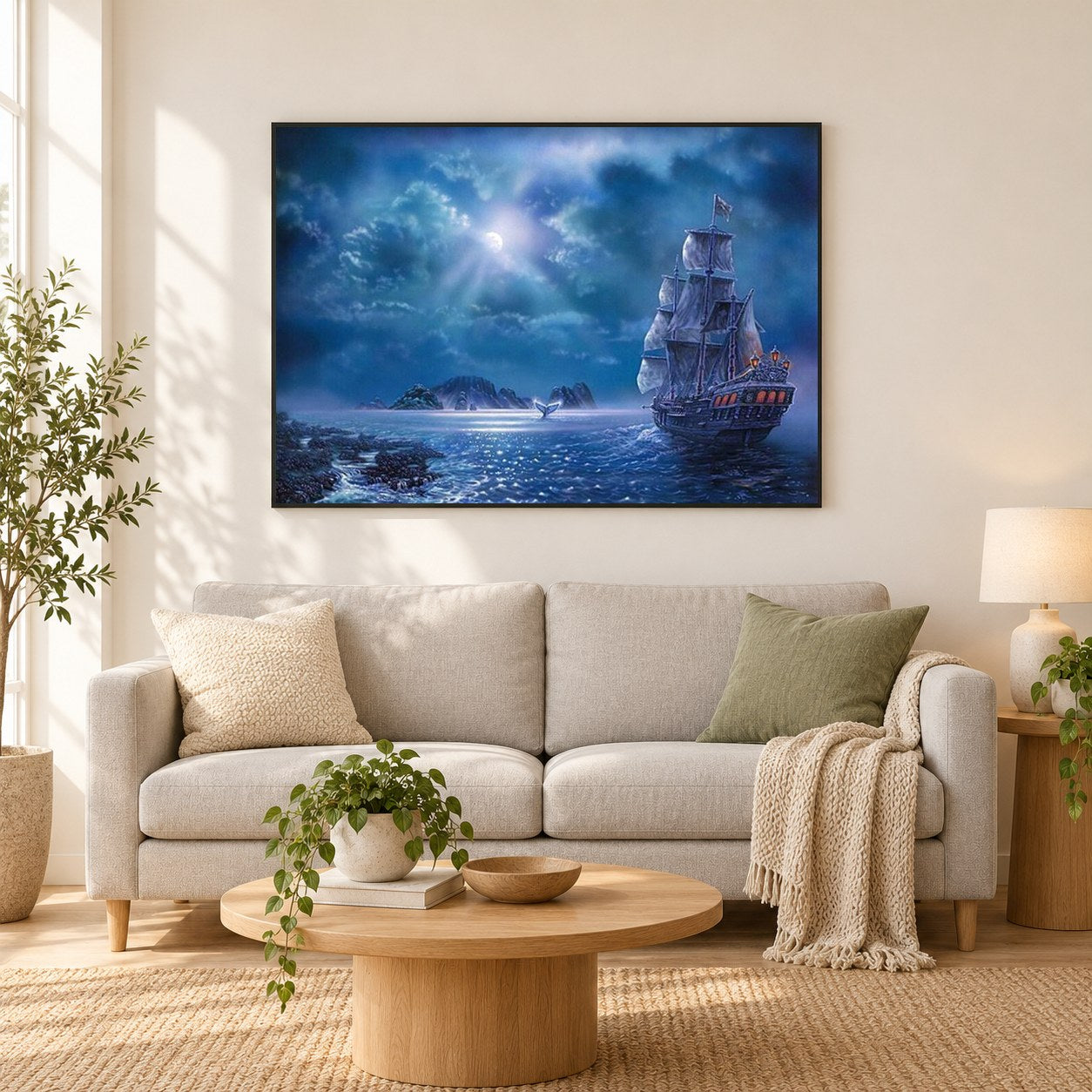 Schiff im Ozean in der Nacht als gerahmtes Diamond Painting im Wohnzimmer