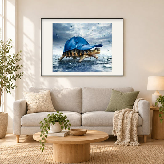 Schildkröte in einem Hut als gerahmtes Diamond Painting im Wohnzimmer