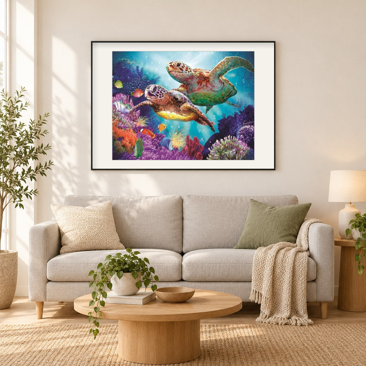 Schildkrötenpaar als gerahmtes Diamond Painting im Wohnzimmer