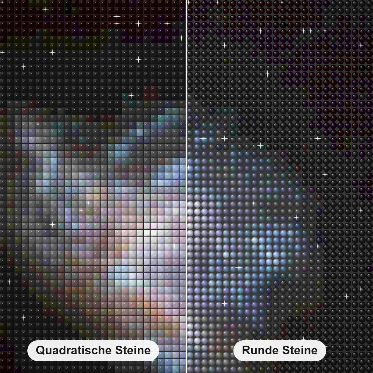 Schillernde kollidierende Galaxien Diamond Painting Nahaufnahme mit quadratischen und runden Steinen