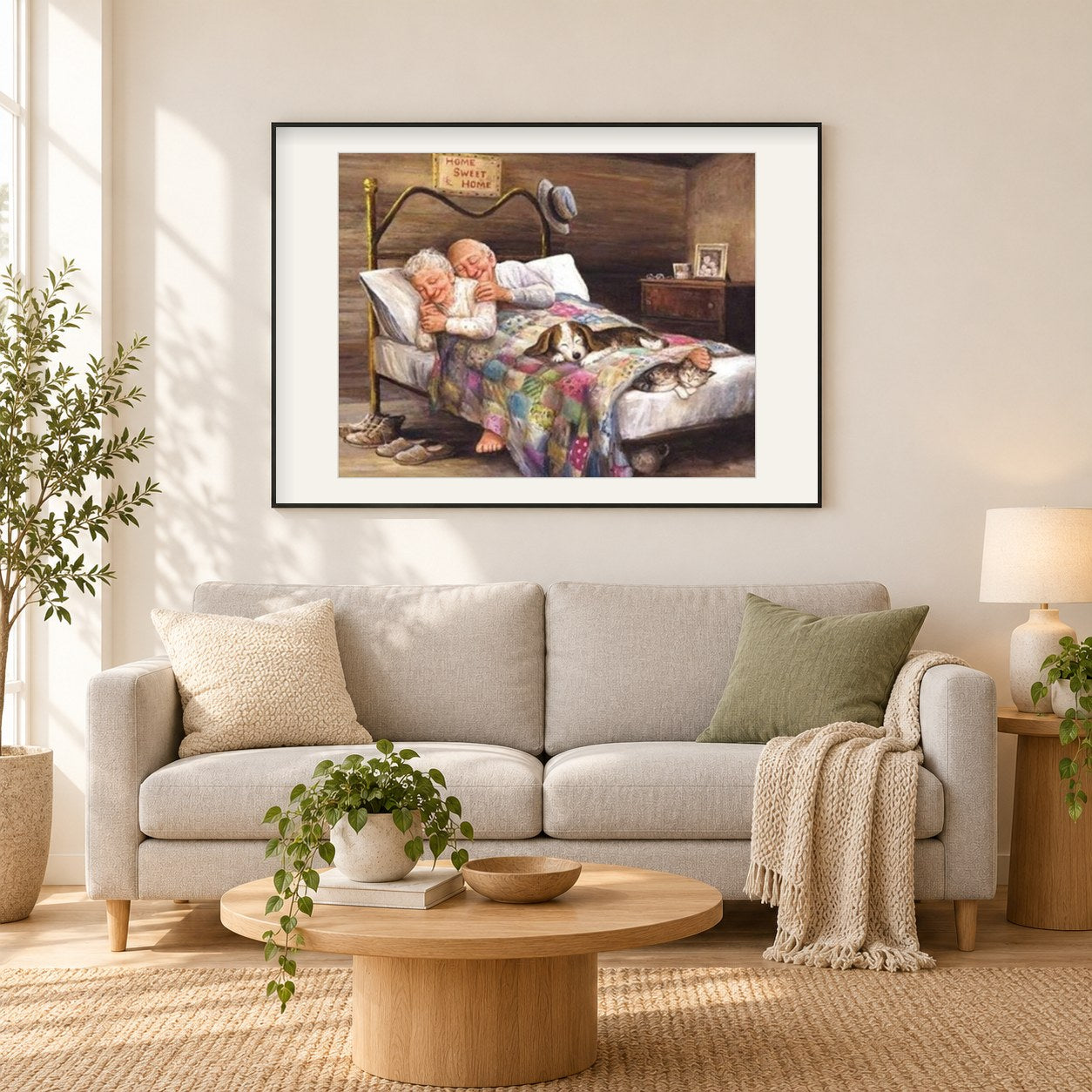 Schlafende alte Paar als gerahmtes Diamond Painting im Wohnzimmer