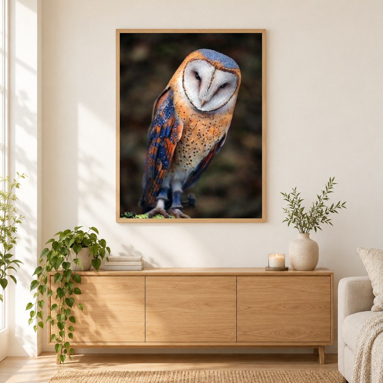 Schleiereule als gerahmtes Diamond Painting im Wohnzimmer