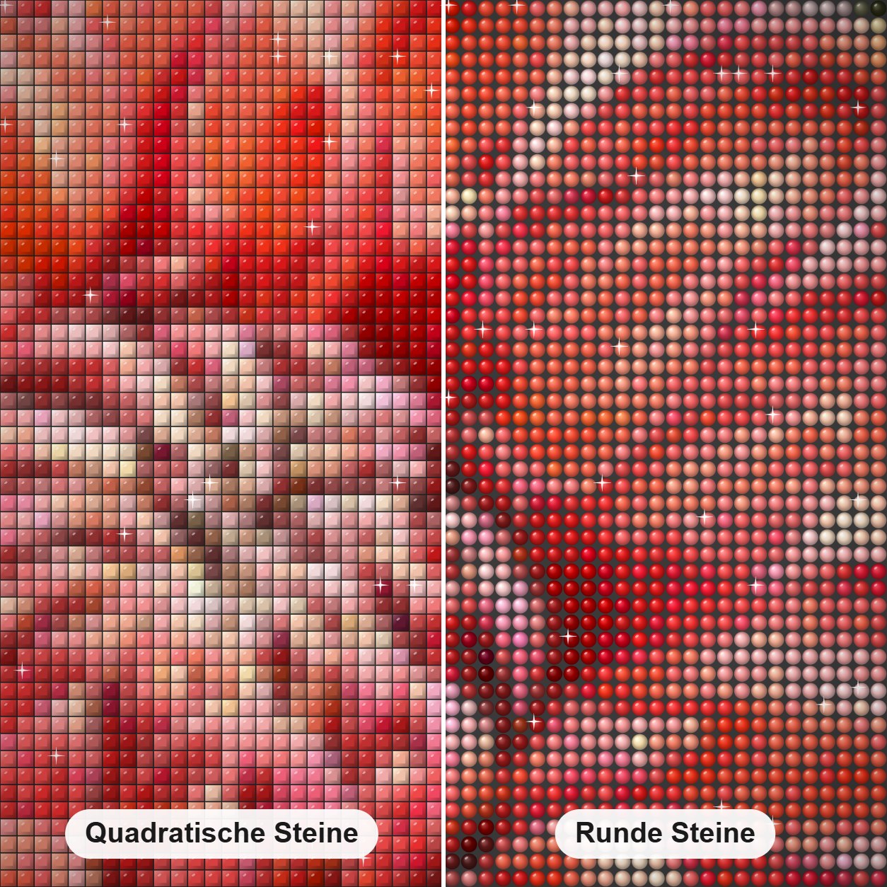 Schließen Sie oben Dahlienblume Diamond Painting Nahaufnahme mit quadratischen und runden Steinen