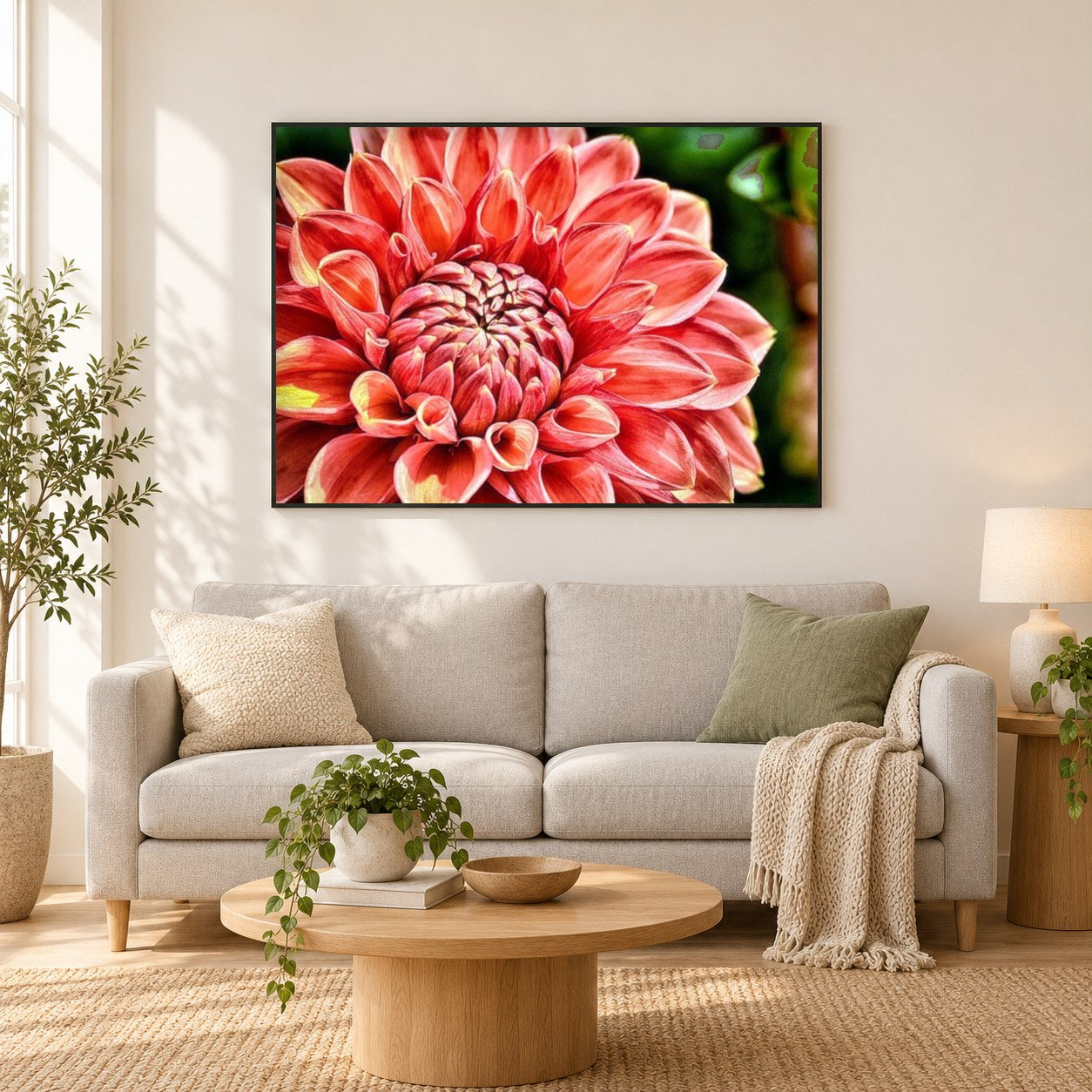 Schließen Sie oben Dahlienblume als gerahmtes Diamond Painting im Wohnzimmer