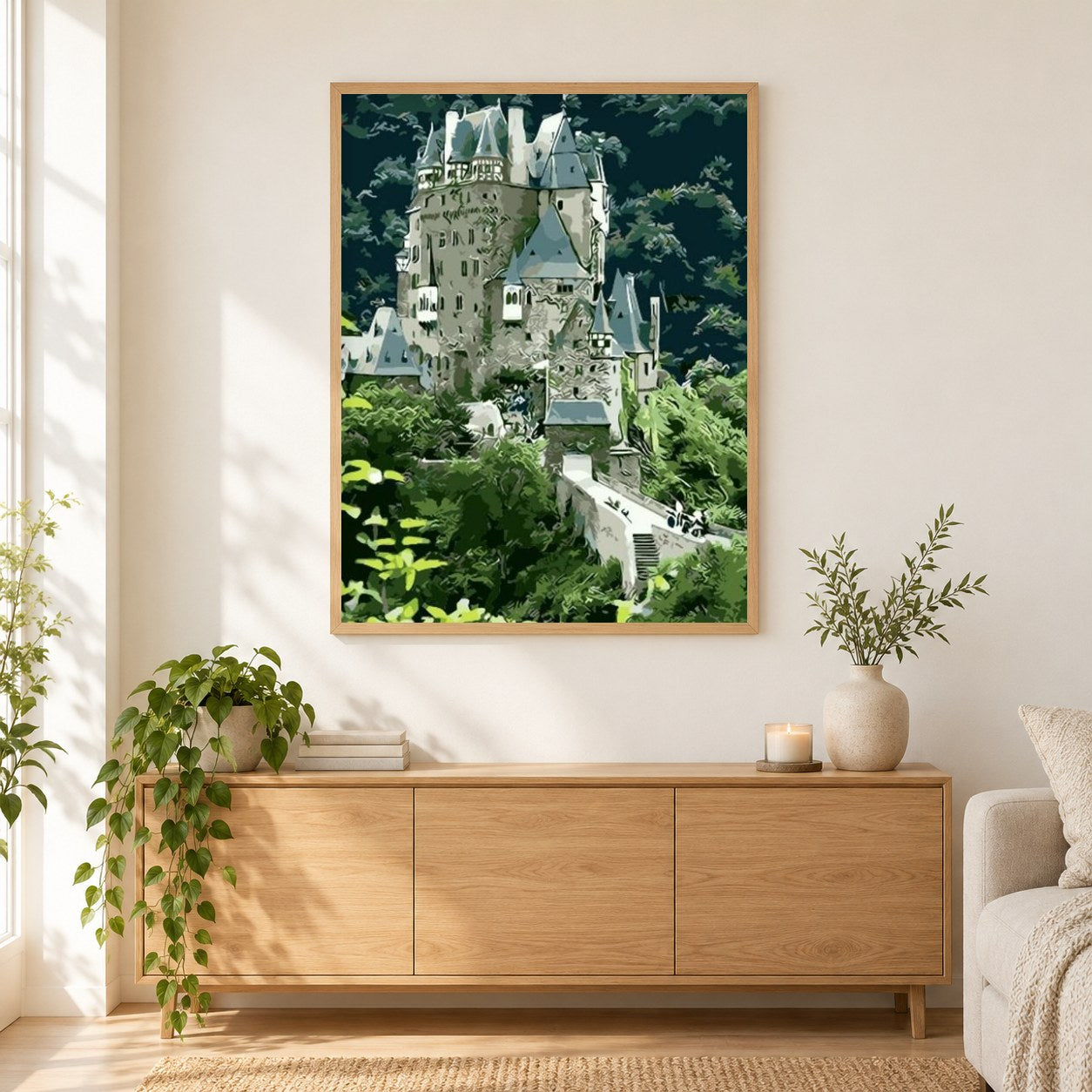 Schloss Eltz als gerahmtes Diamond Painting im Wohnzimmer