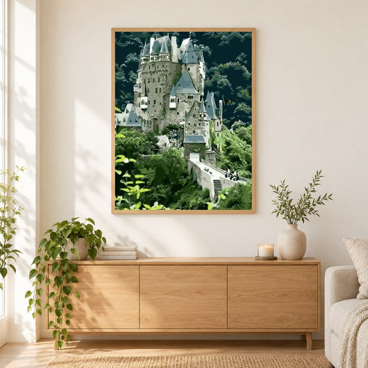 Schloss Eltz als gerahmtes Diamond Painting im Wohnzimmer