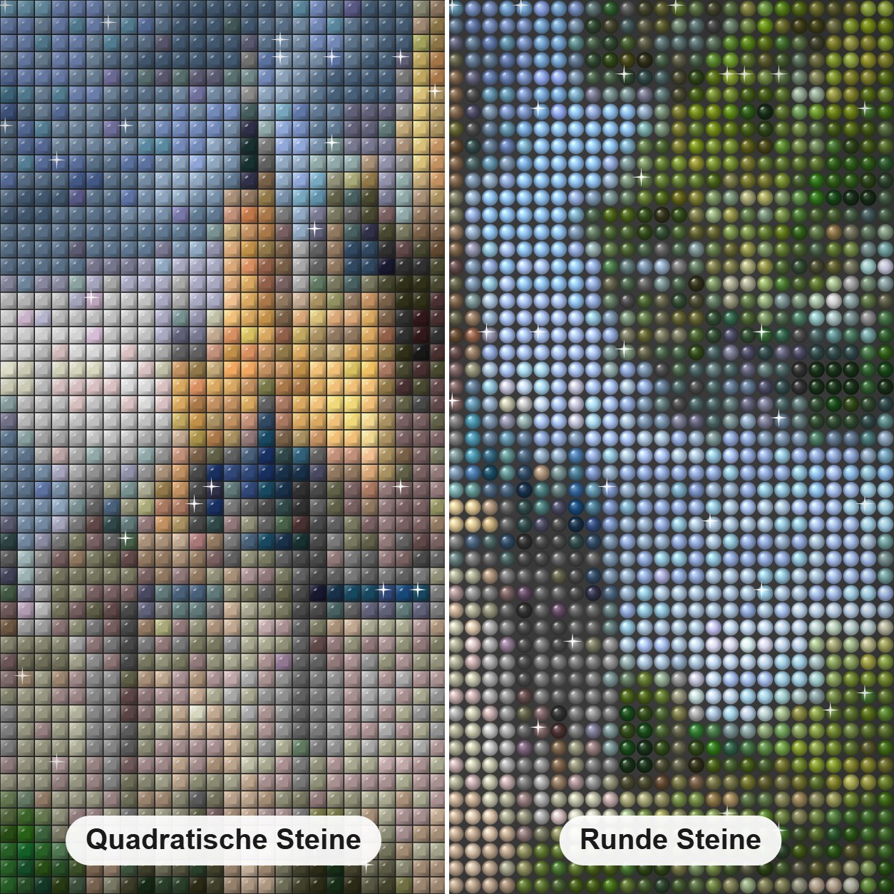 Schloss im Wald Diamond Painting Nahaufnahme mit quadratischen und runden Steinen