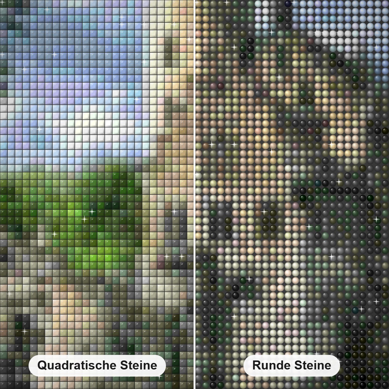 Schloss Lichtenstein Diamond Painting Nahaufnahme mit quadratischen und runden Steinen