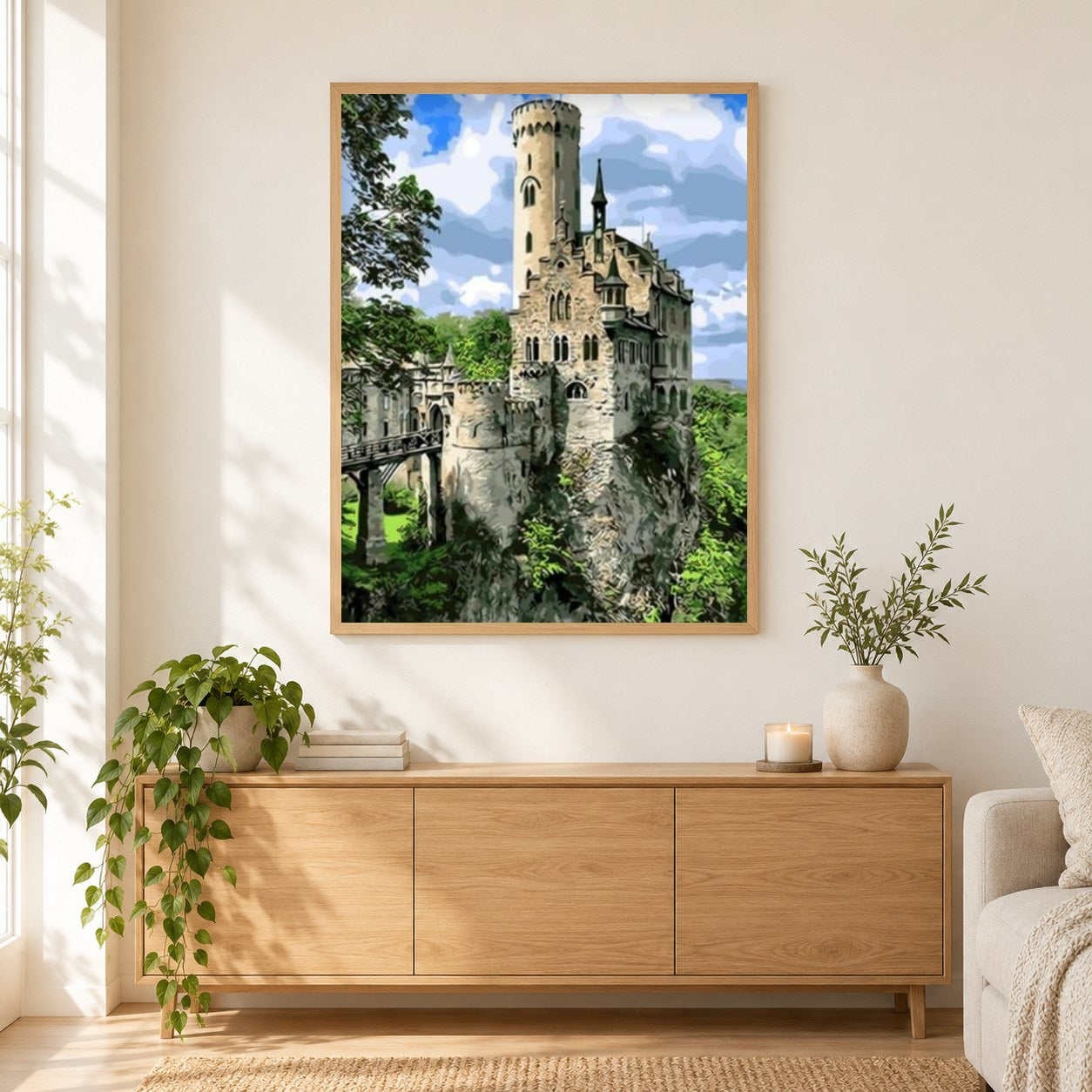 Schloss Lichtenstein als gerahmtes Diamond Painting im Wohnzimmer