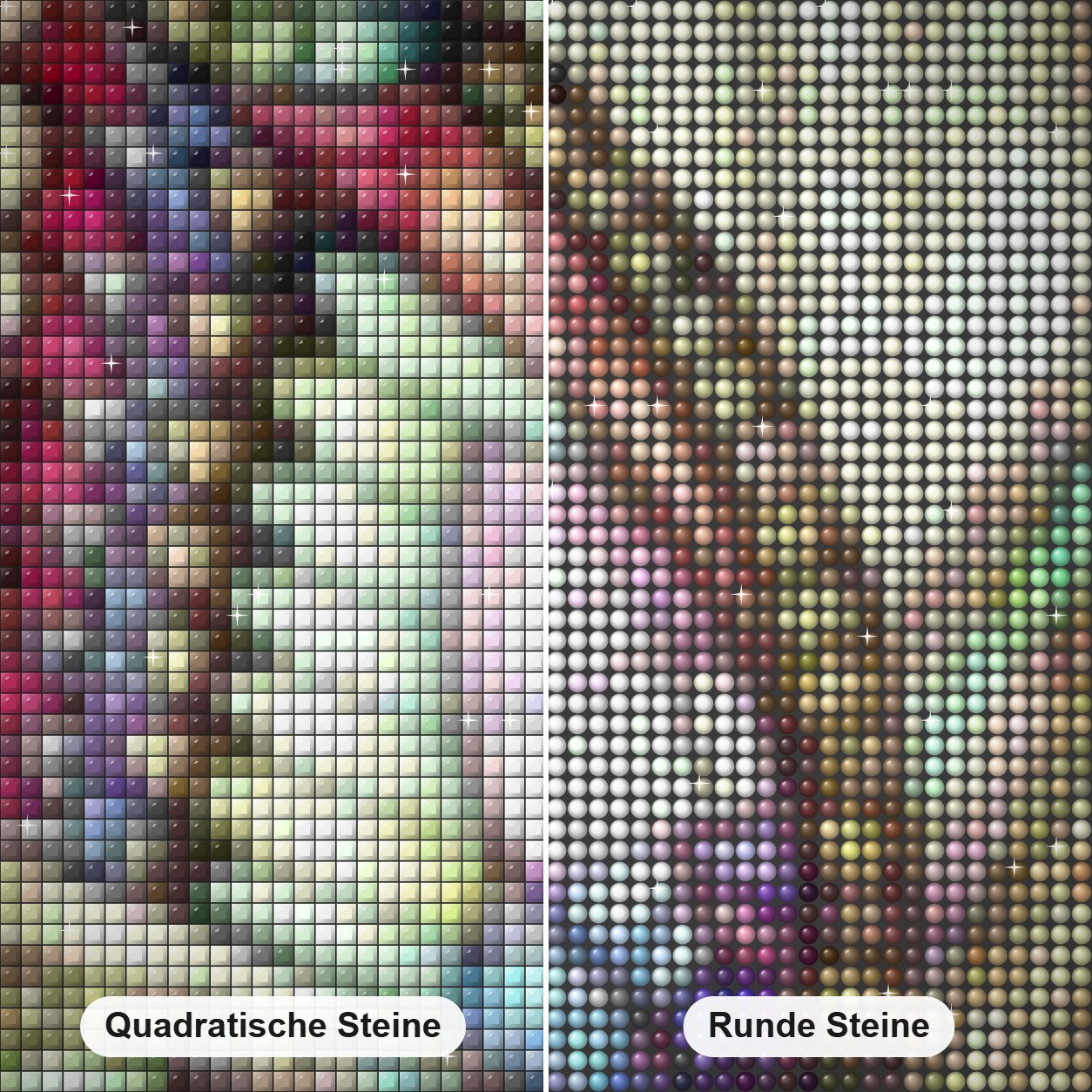 Schmetterling mit bunten Glasflügeln Diamond Painting Nahaufnahme mit quadratischen und runden Steinen