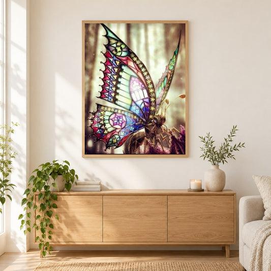 Schmetterling mit bunten Glasflügeln als gerahmtes Diamond Painting im Wohnzimmer