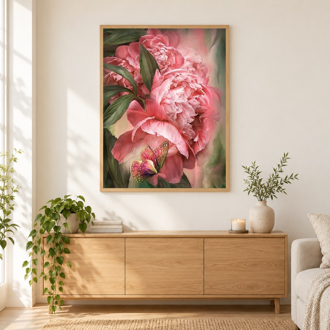 Schmetterling & rosa Pfingstrosen als gerahmtes Diamond Painting im Wohnzimmer