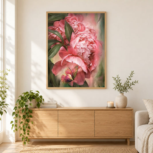 Schmetterling & rosa Pfingstrosen als gerahmtes Diamond Painting im Wohnzimmer
