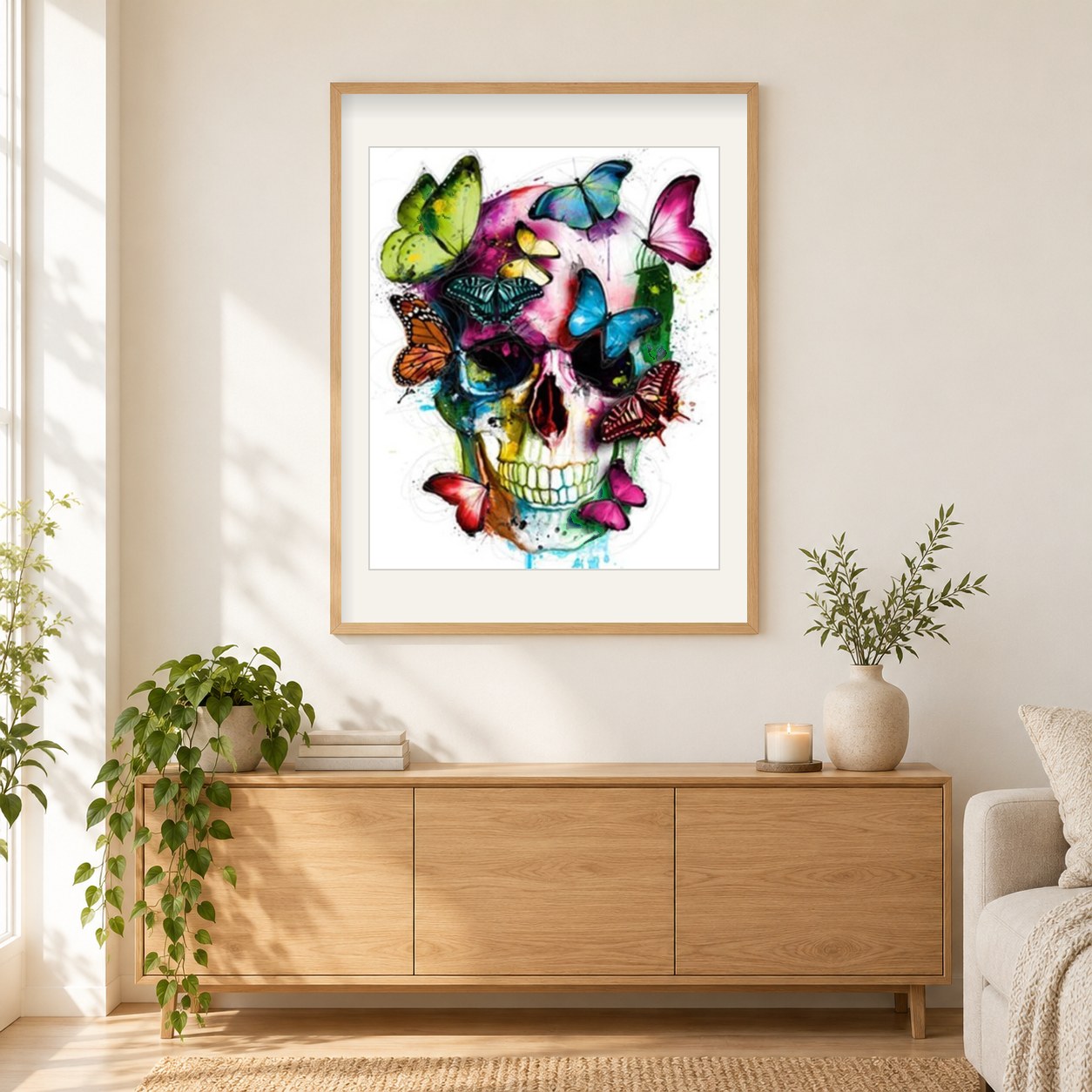 Schmetterling & Schädel Abstrakte Kunst als gerahmtes Diamond Painting im Wohnzimmer