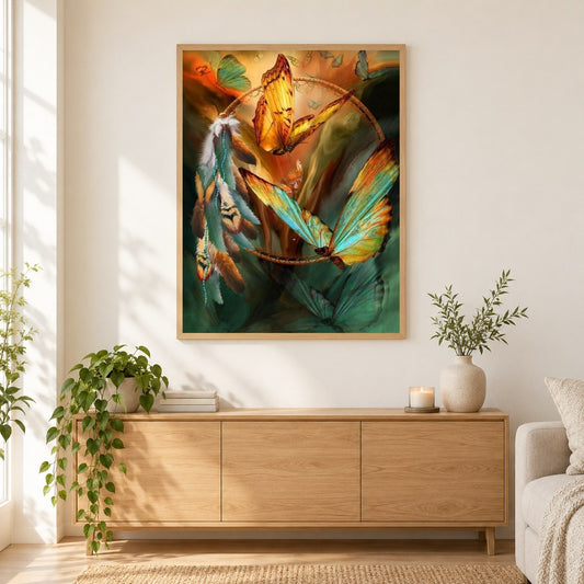 Schmetterling Traumfänger als gerahmtes Diamond Painting im Wohnzimmer