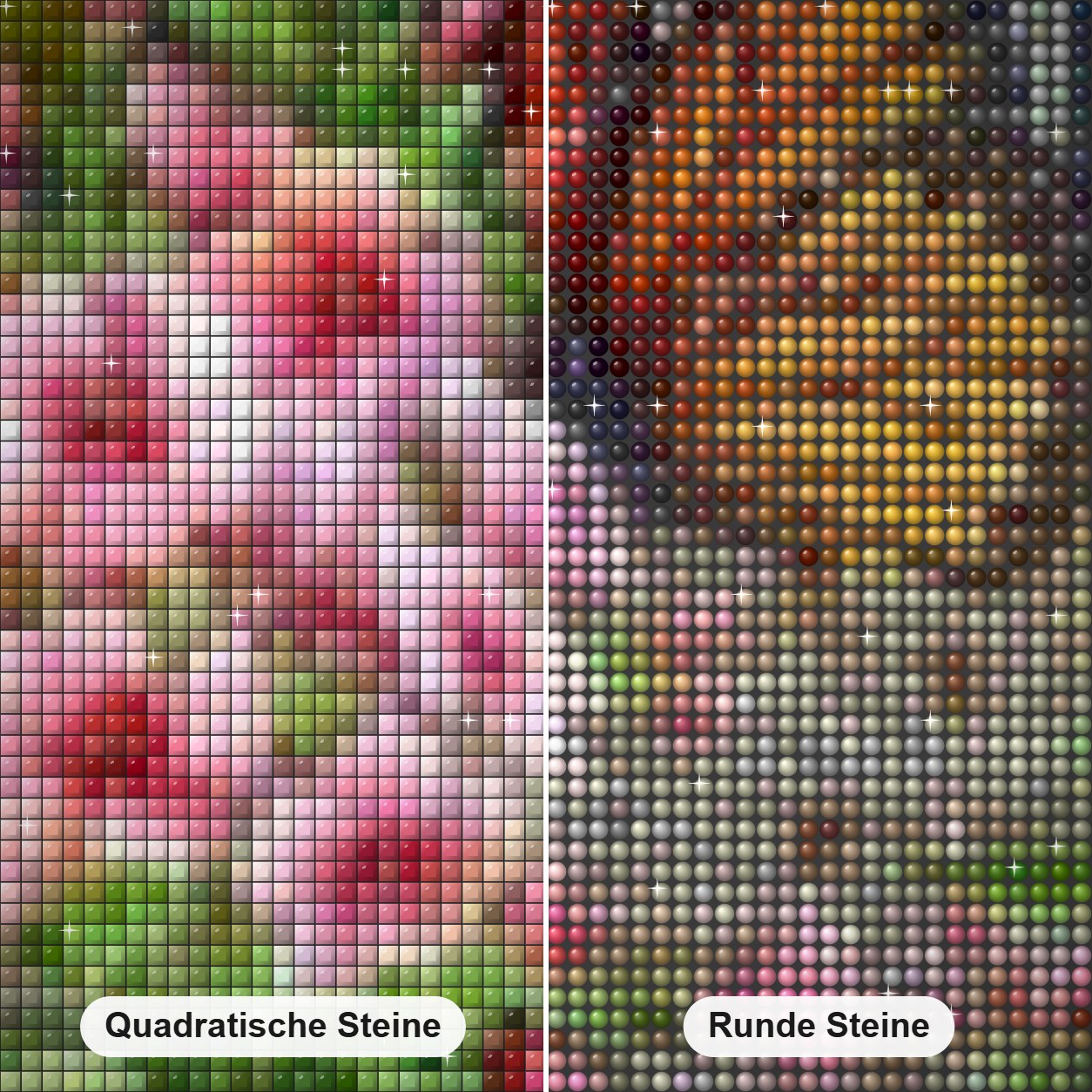 Schmetterlinge auf Blumen Diamond Painting Nahaufnahme mit quadratischen und runden Steinen