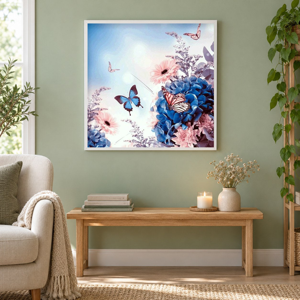 Schmetterlinge fliegen zum Himmel als gerahmtes Diamond Painting im Wohnzimmer