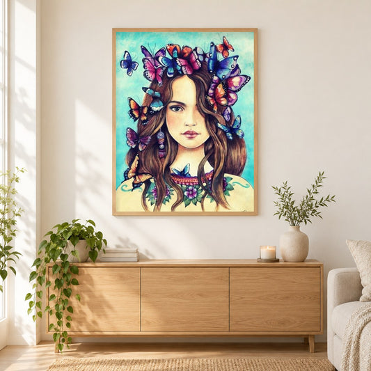 Schmetterlinge im Kopf als gerahmtes Diamond Painting im Wohnzimmer