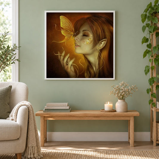 Schmetterlingsmädchen als gerahmtes Diamond Painting im Wohnzimmer