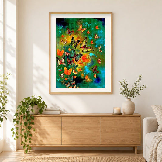 Schmetterlingsreich als gerahmtes Diamond Painting im Wohnzimmer