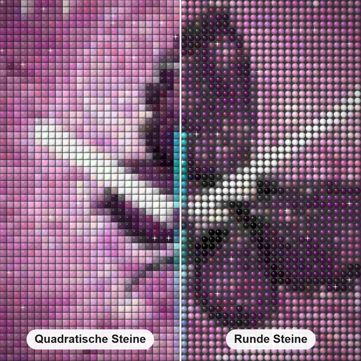 Schmetterlingsuhr Diamond Painting Nahaufnahme mit quadratischen und runden Steinen