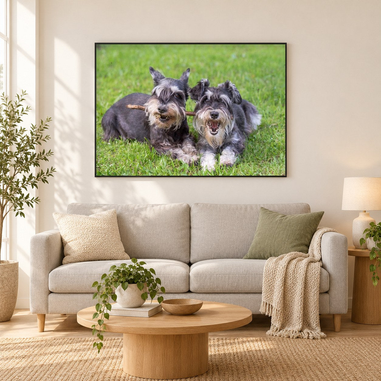 Schnauzer Lady & die Tramp Dogs. als gerahmtes Diamond Painting im Wohnzimmer