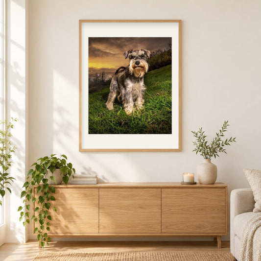 Schnauzerhund als gerahmtes Diamond Painting im Wohnzimmer