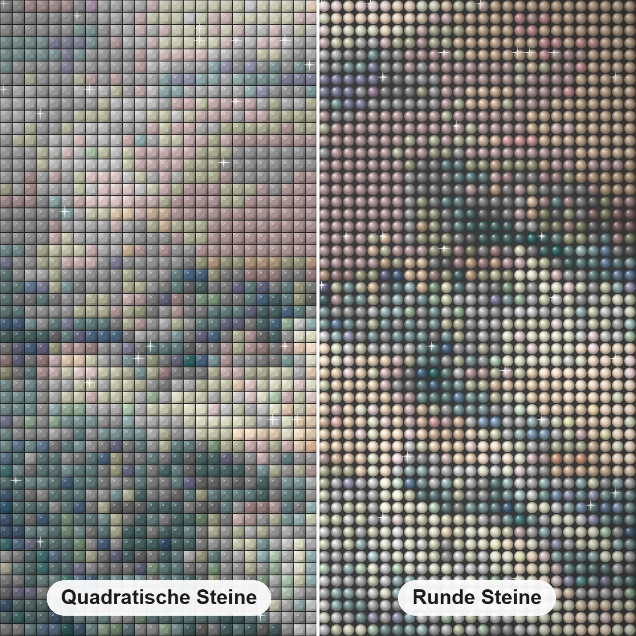 Schnee und Sand in Zentralasien Diamond Painting Nahaufnahme mit quadratischen und runden Steinen