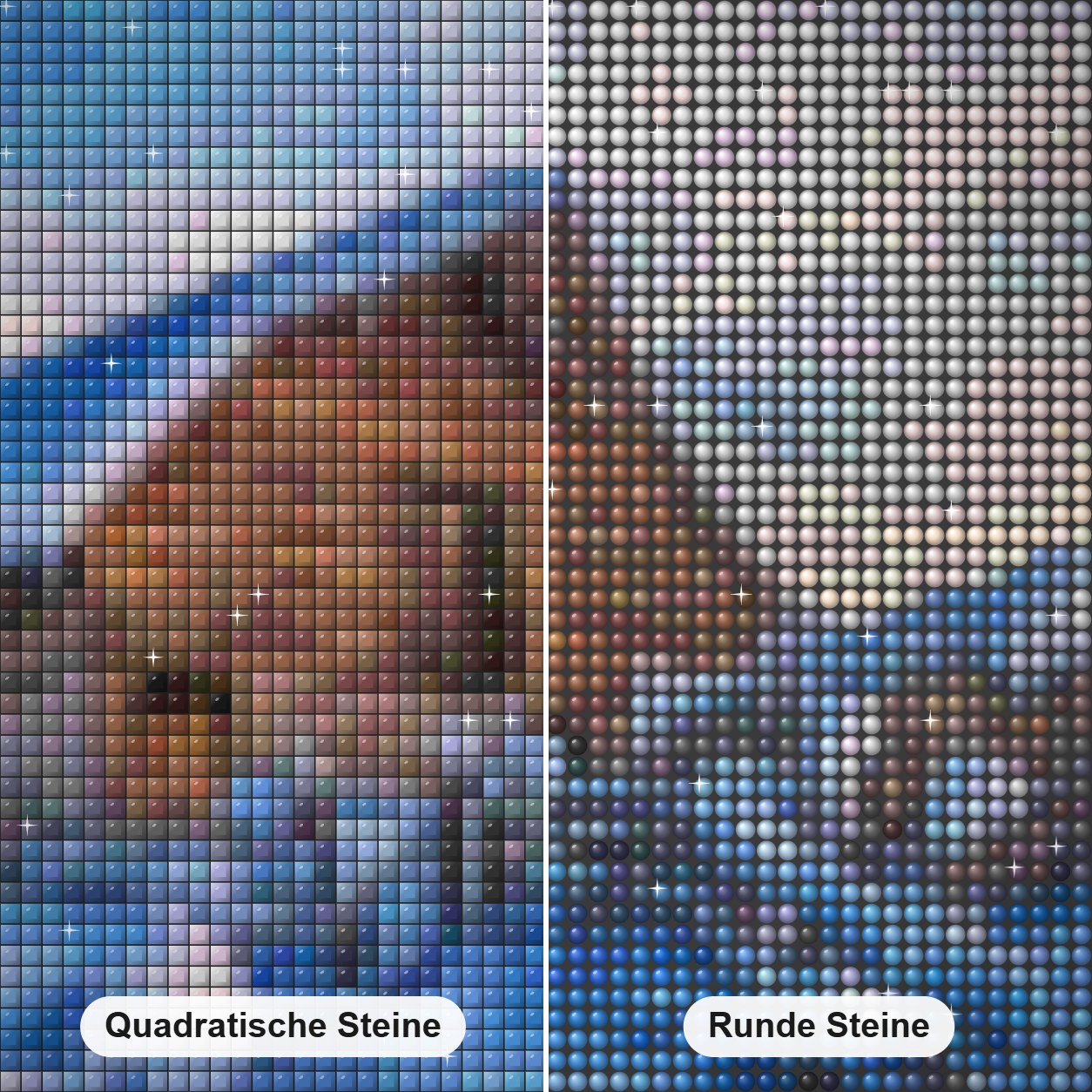 Schneebedeckte Hütte Diamond Painting Nahaufnahme mit quadratischen und runden Steinen