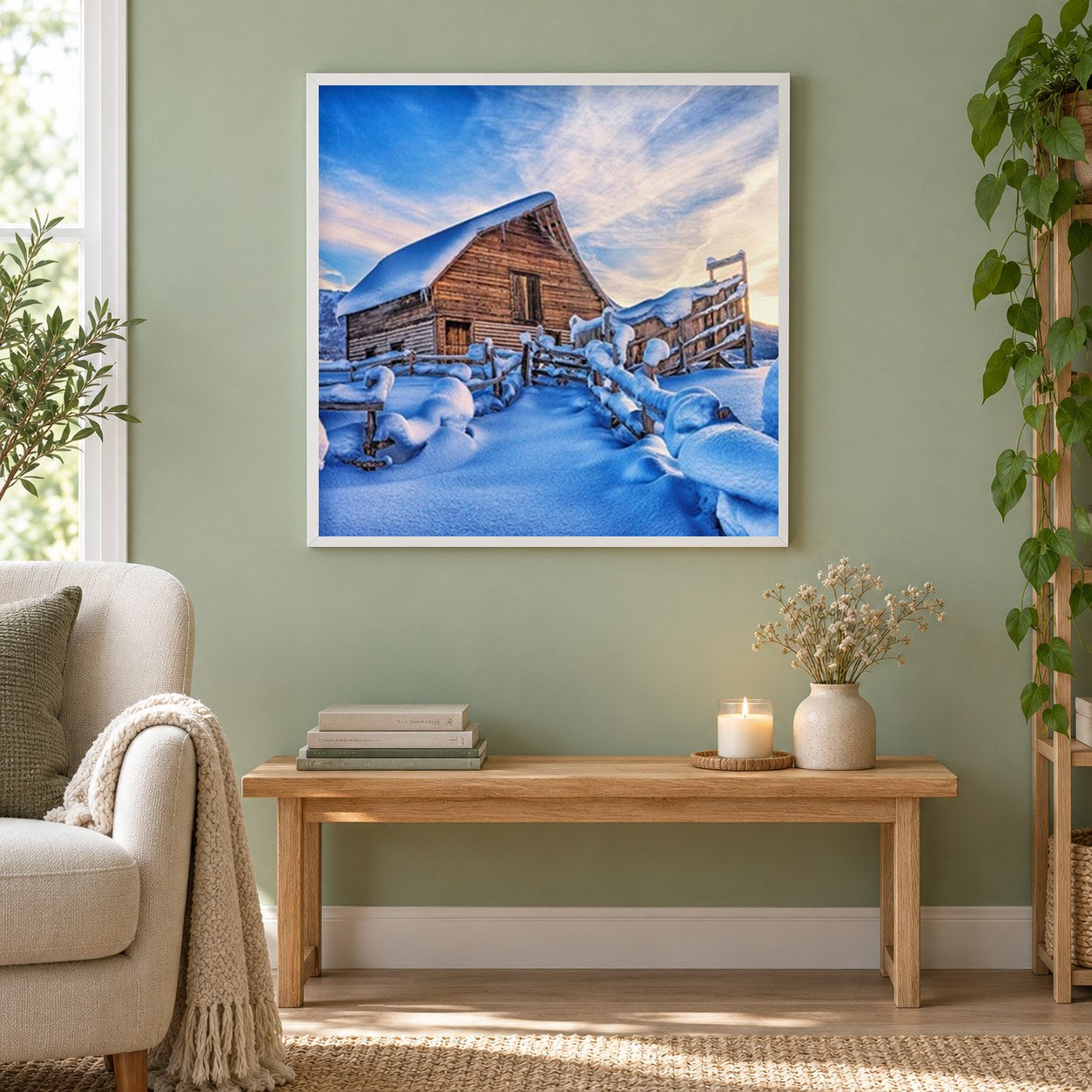Schneebedeckte Hütte als gerahmtes Diamond Painting im Wohnzimmer