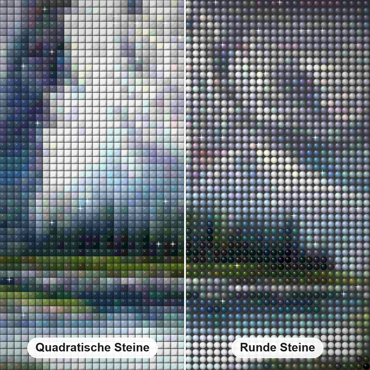 Schneebedeckter Berg & See Diamond Painting Nahaufnahme mit quadratischen und runden Steinen