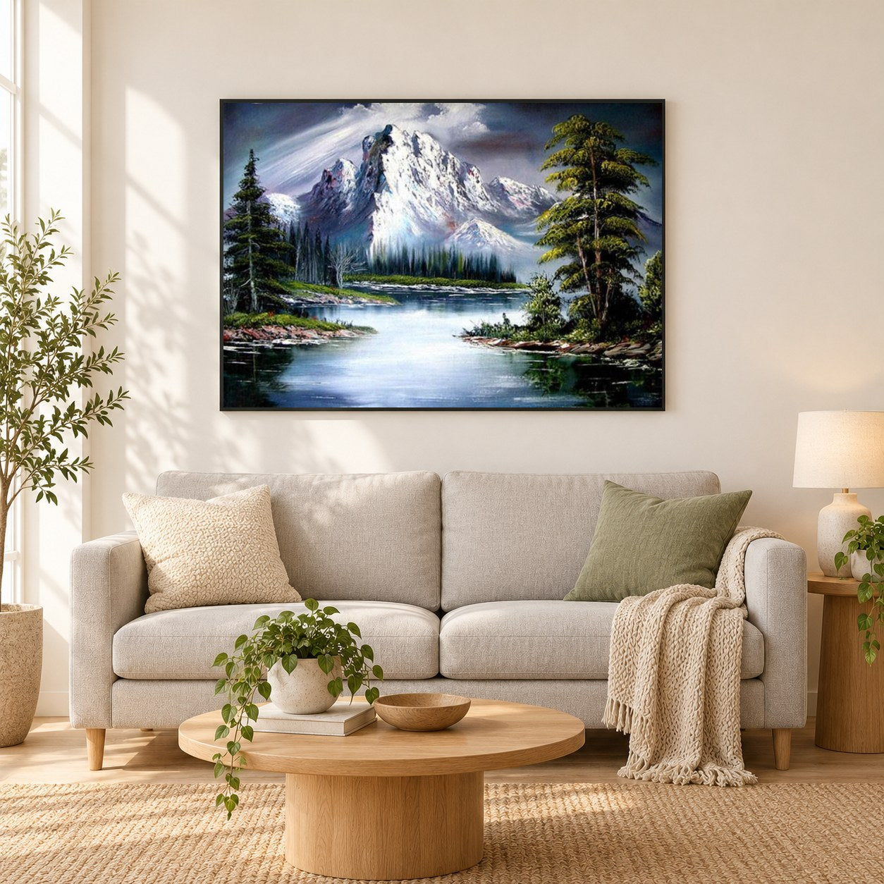 Schneebedeckter Berg & See als gerahmtes Diamond Painting im Wohnzimmer