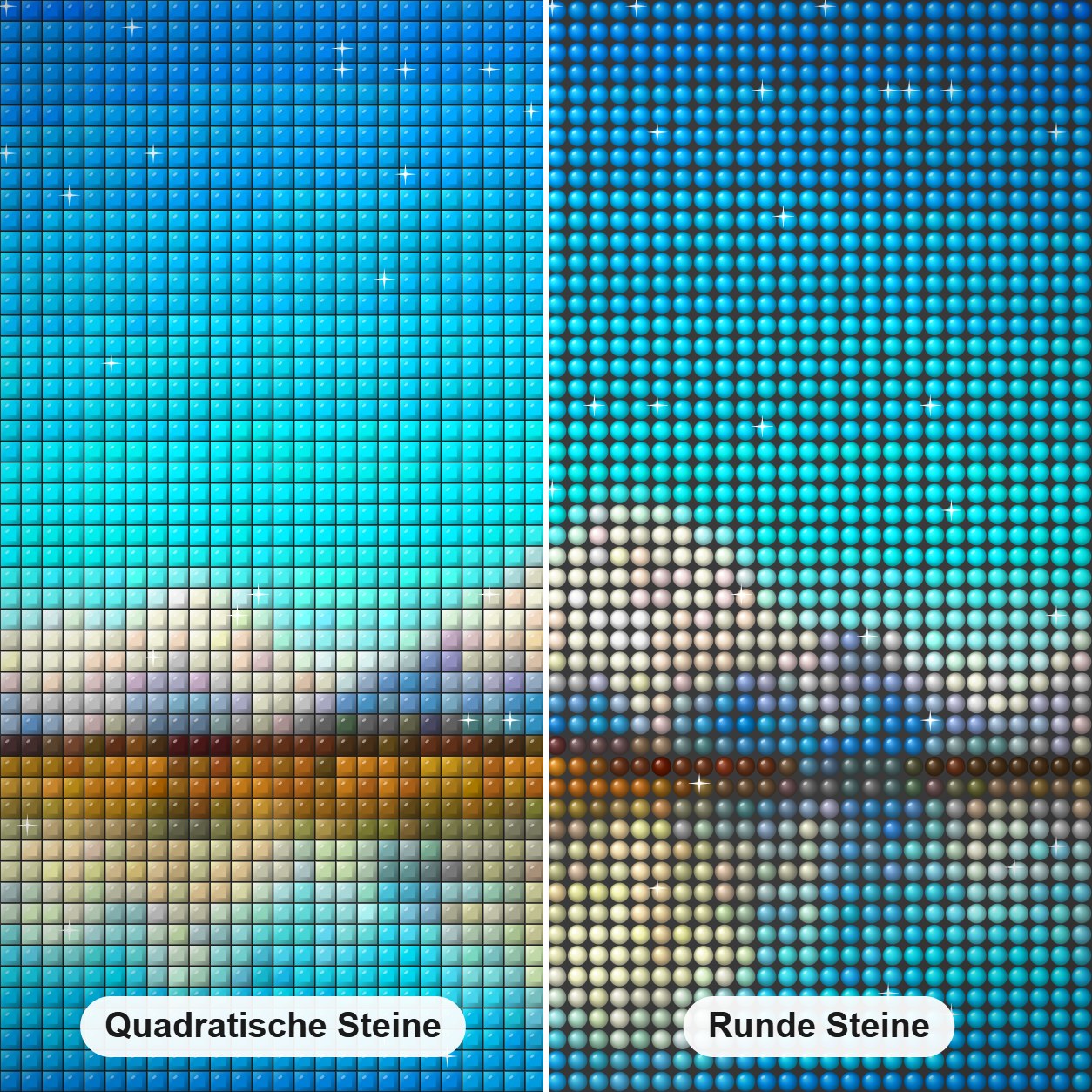 Schneeberge & schöner See Diamond Painting Nahaufnahme mit quadratischen und runden Steinen