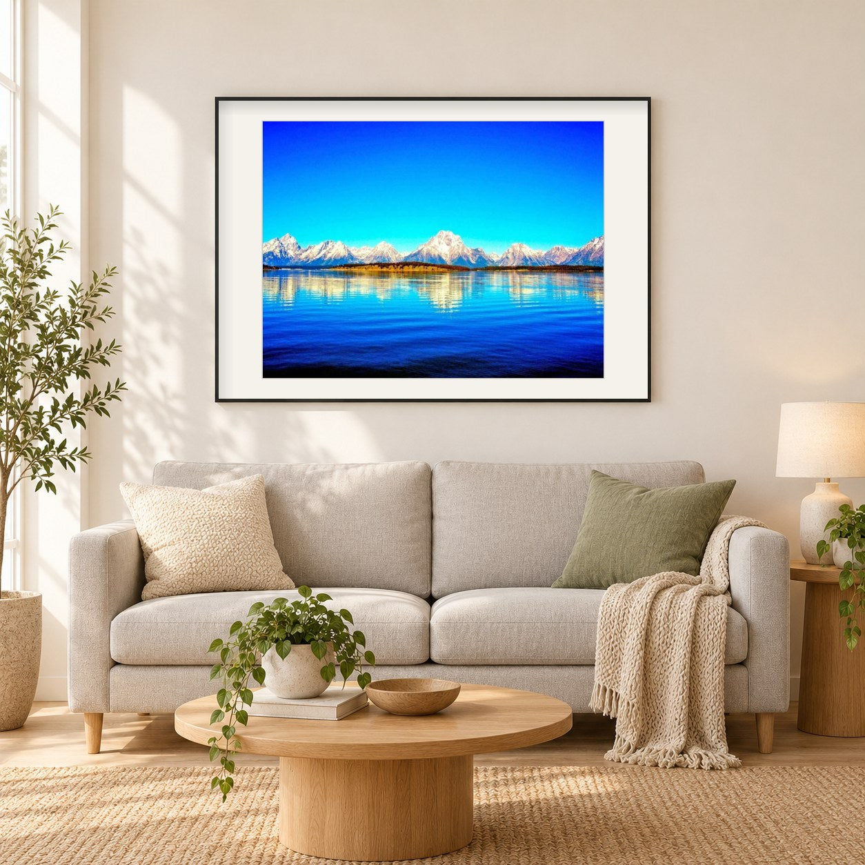 Schneeberge & schöner See als gerahmtes Diamond Painting im Wohnzimmer