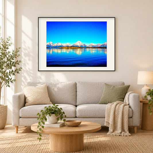 Schneeberge & schöner See als gerahmtes Diamond Painting im Wohnzimmer