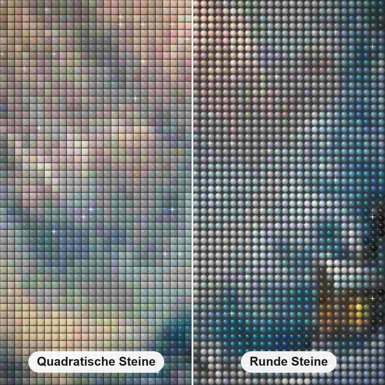 Schneelandschaft Diamond Painting Nahaufnahme mit quadratischen und runden Steinen