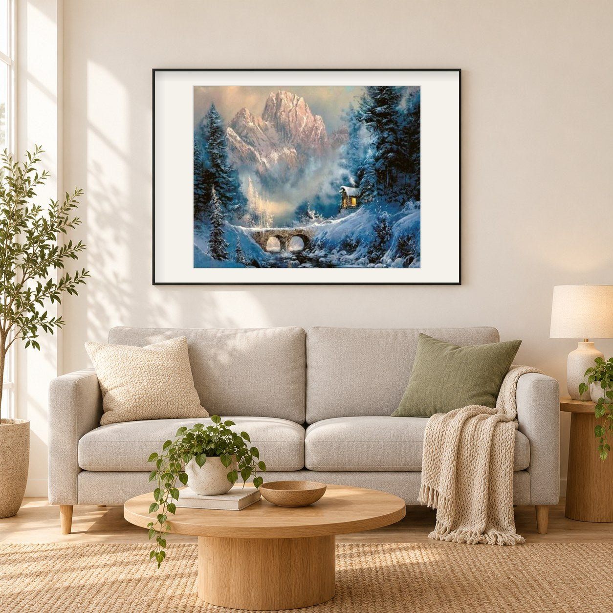 Schneelandschaft als gerahmtes Diamond Painting im Wohnzimmer