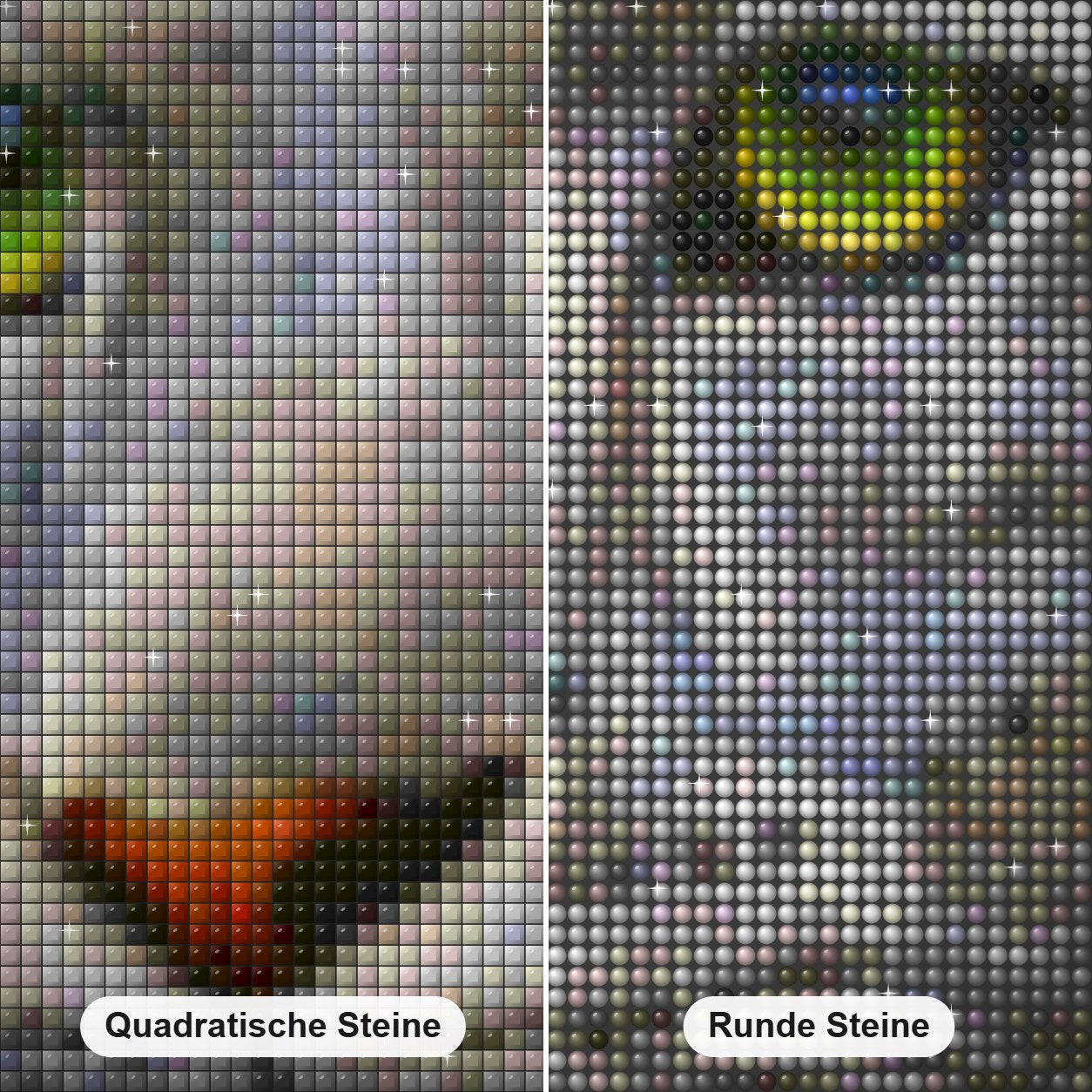 Schneeleopard mit grünen Augen Diamond Painting Nahaufnahme mit quadratischen und runden Steinen