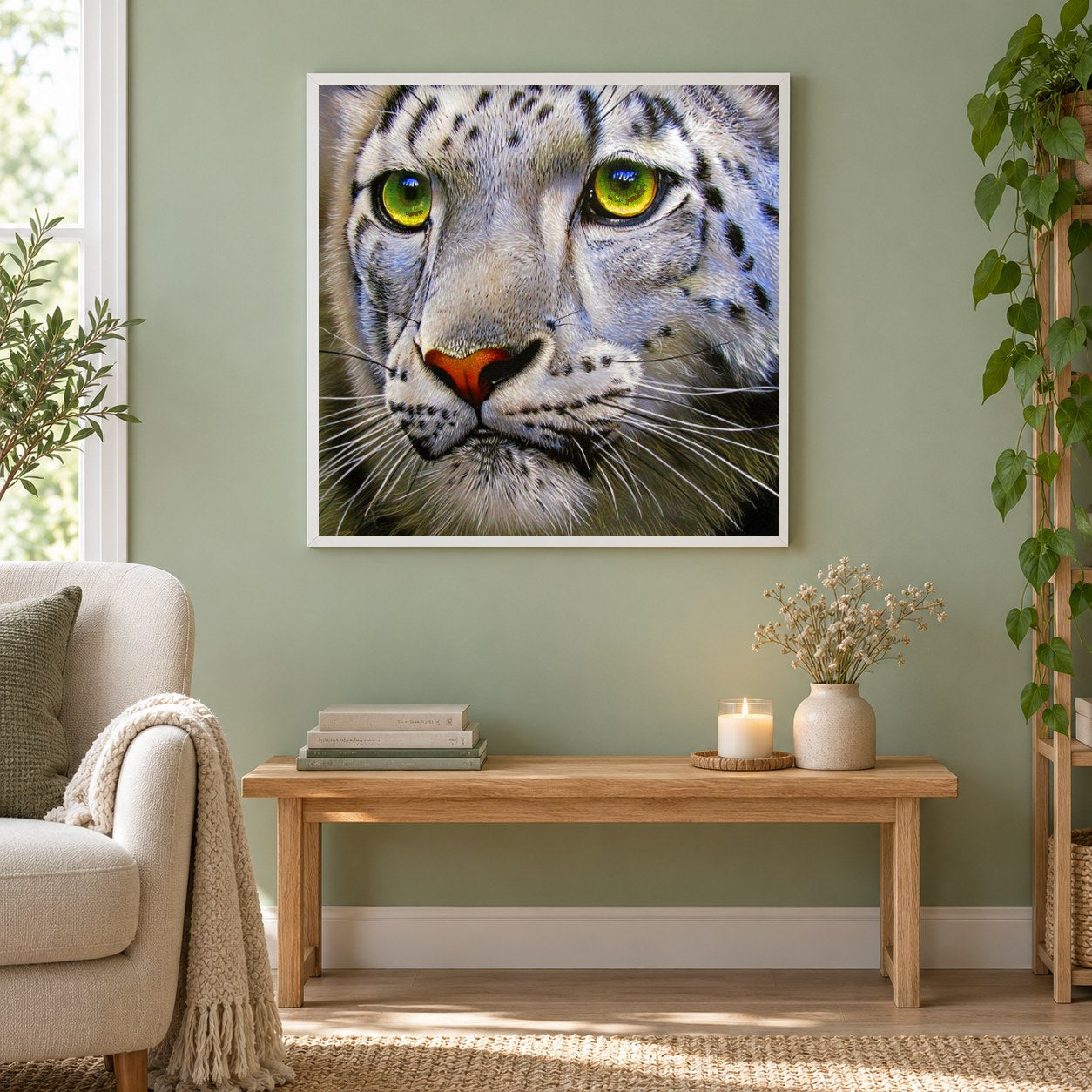 Schneeleopard mit grünen Augen als gerahmtes Diamond Painting im Wohnzimmer
