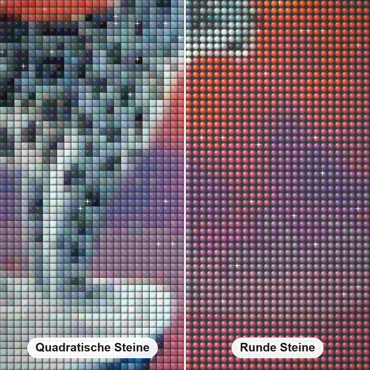 Schneeleopard & roter Himmel Diamond Painting Nahaufnahme mit quadratischen und runden Steinen