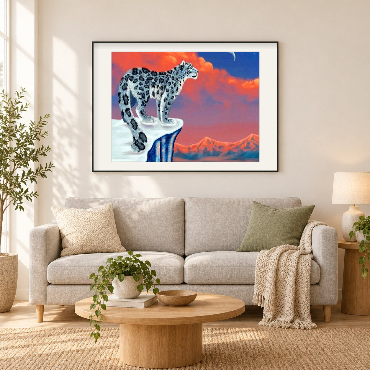 Schneeleopard & roter Himmel als gerahmtes Diamond Painting im Wohnzimmer