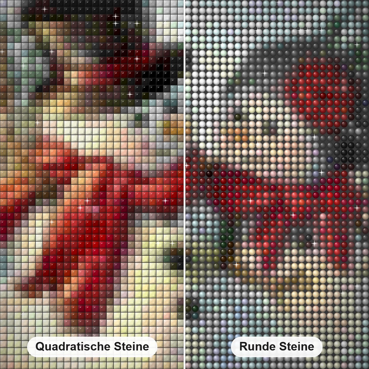 Schneemann Diamond Painting Nahaufnahme mit quadratischen und runden Steinen